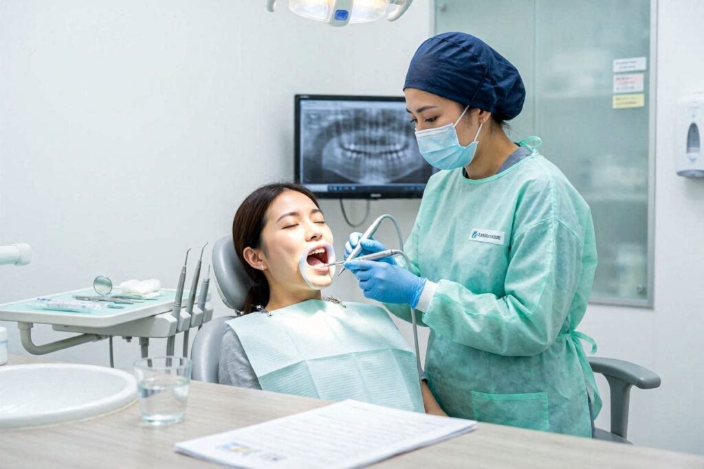 Lo svolgimento della detartrasi o igiene dentale professionale.